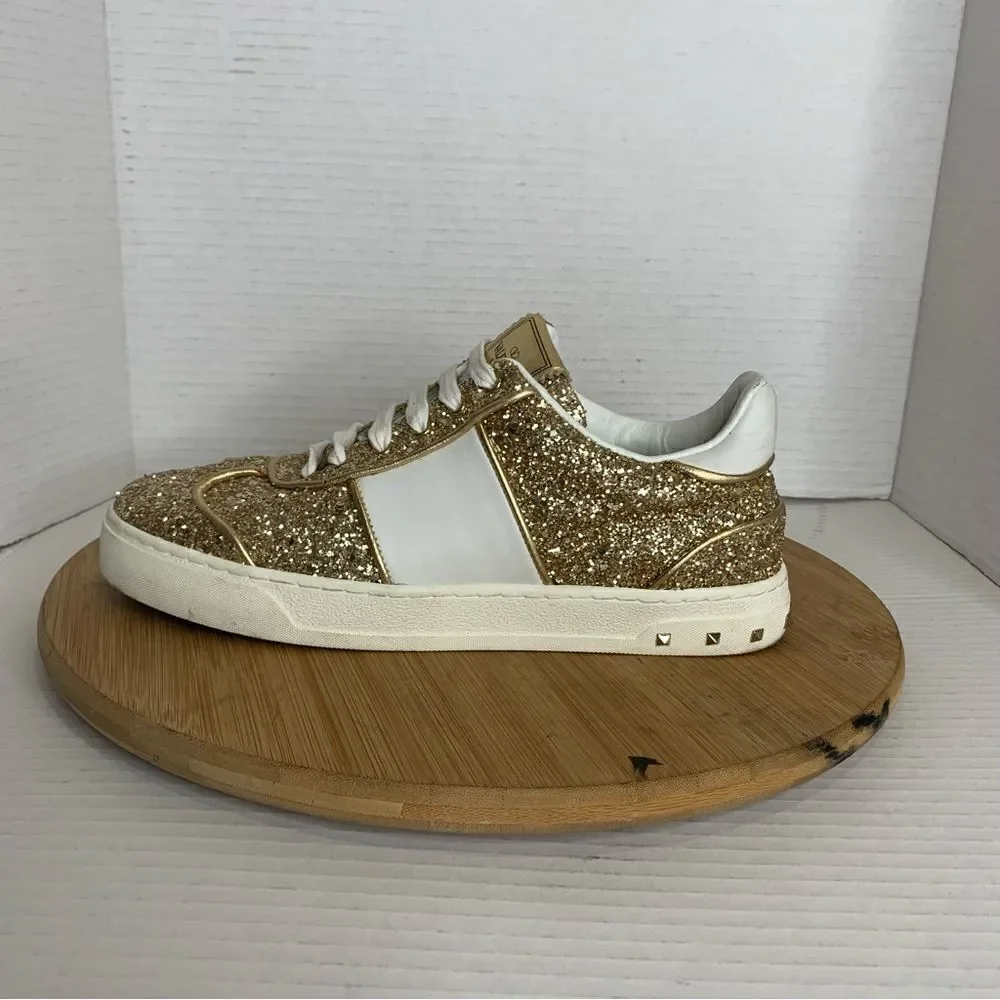 VALENTINO GARAVANI Rock Studs Glitter Sneakers Low Cut Race Up 38.5 Gold Ladies
